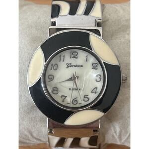 Geneva MOP Dial Silver Tone Black And White Women’s Cuff Watch